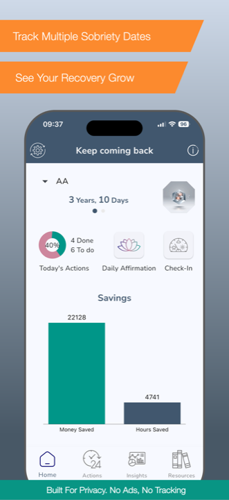 My 12-Step Coach home screen showing daily recovery actions